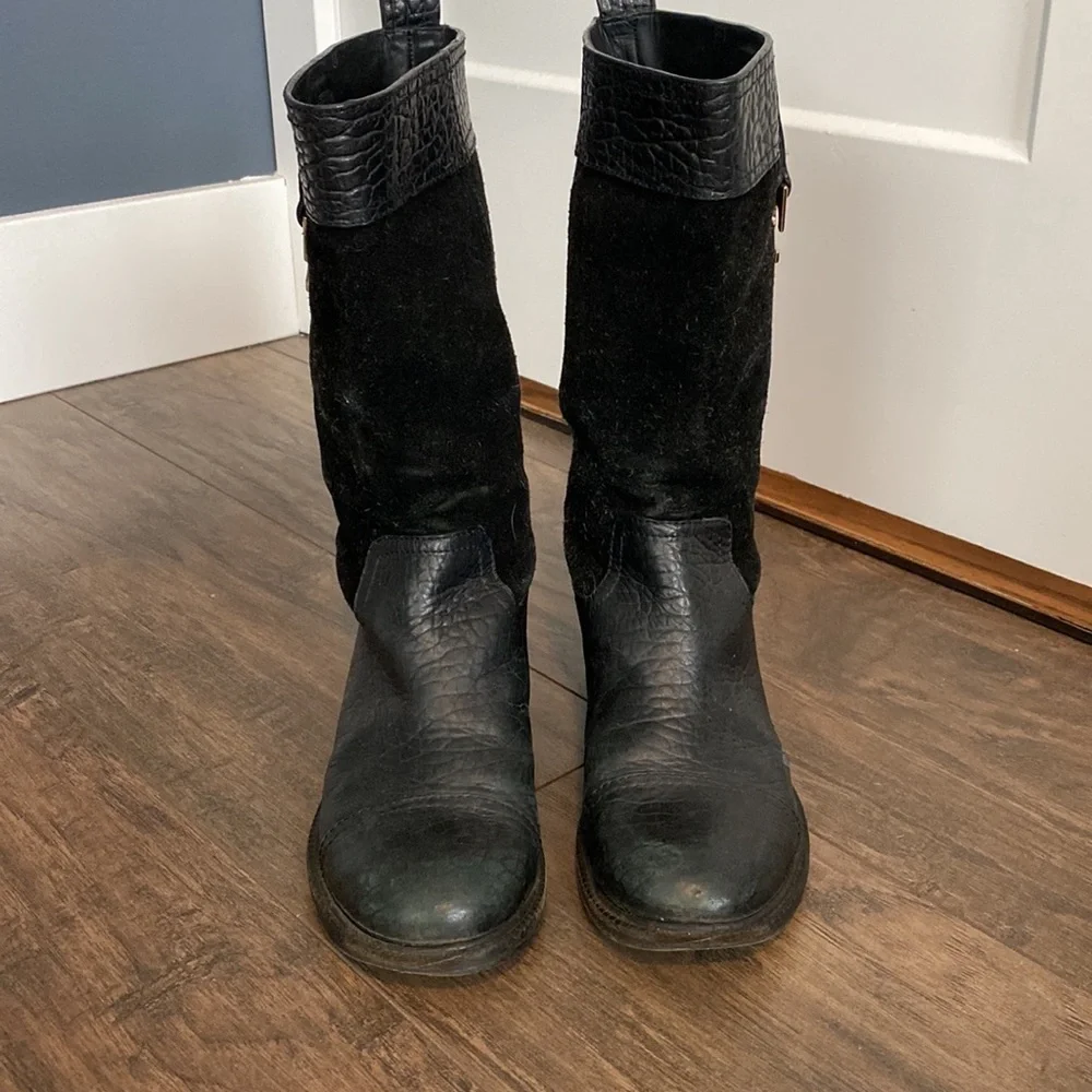 Tory Burch Moto Riding Mid Calf Pebbled Leather Boot